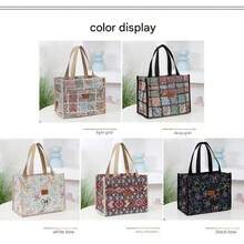 New Thickened Jacquard Knit Fabric Tote Bag, Large Capacity Portable Work/School/Picnic Lunch Bag, Aluminum Foil Lining, Front Zipper Pocket, Lunch Bag, Handbag - Khaki - View 7