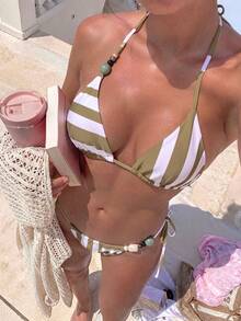 Bộ bikini hai mảnh nữ đi biển cổ yếm sọc trắng olive, chi tiết đính hạt, buộc dây bên hông, cắt cao - Nhiều màu - Xem 1