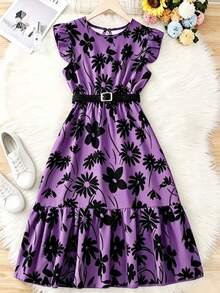 [Woven Texture] Distinctive Green Floral Mid-Length Dress With Belt For Teenage Girls - Casual Round Neck, Ruffle Sleeves, Polyester, Machine Washable - Perfect For Summer, Teenage Jumper Dress - Purple - View 1