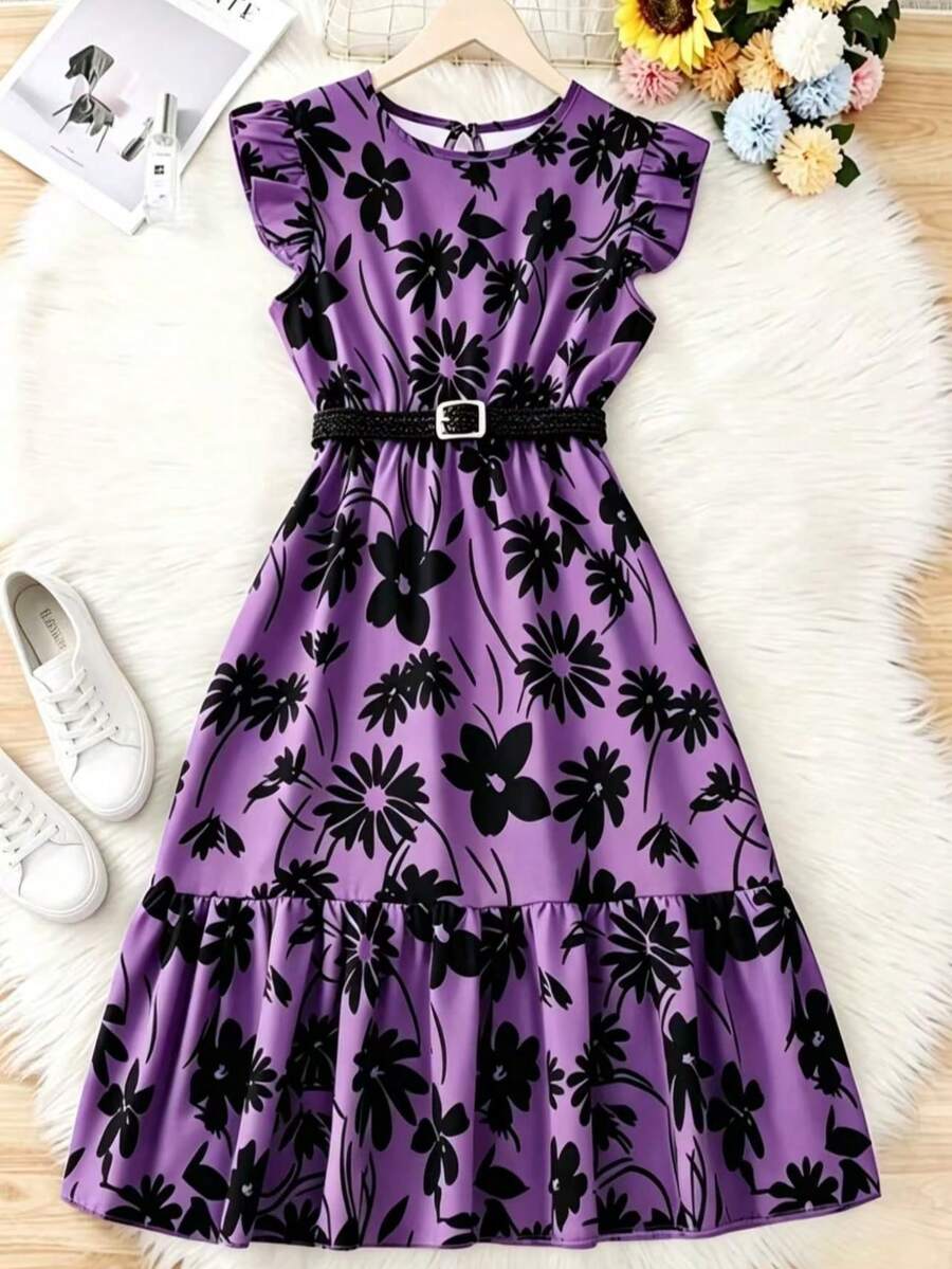[Woven Texture] Distinctive Green Floral Mid-Length Dress With Belt For Teenage Girls - Casual Round Neck, Ruffle Sleeves, Polyester, Machine Washable - Perfect For Summer, Teenage Jumper Dress - Purple - View 1