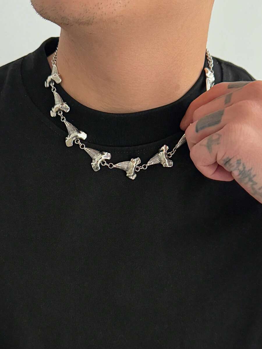 1 buah Kalung Gigi Hiu Logam yang Dipersonalisasi, Kalung Rantai Geometris, Perhiasan Menawan, Hadiah untuk Pria, Hadiah Hari Ayah - Perak - View 1