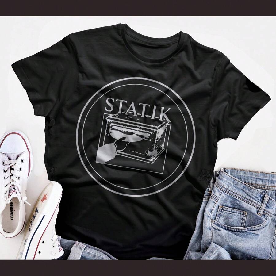 Statik Records T Shirt Screen Print Cotton Tee - 黑色 - 查看 1