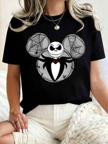 Disney Women Round Neck T Shirt Jack Skellington Mickey Mouse Design Halloween Costume Party 220g - màu đen - Xem 1