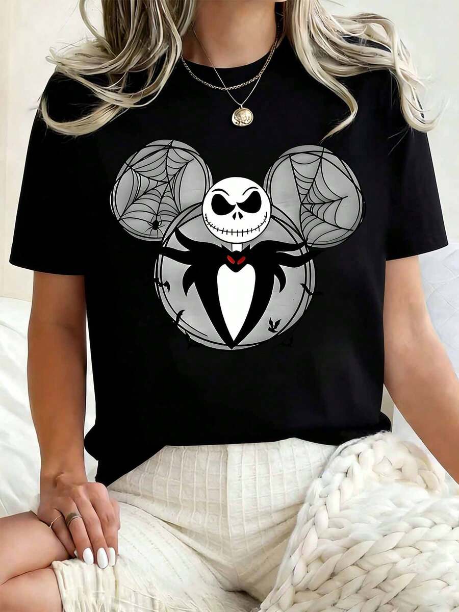 Disney Women Round Neck T Shirt Jack Skellington Mickey Mouse Design Halloween Costume Party 220g - màu đen - Xem 1