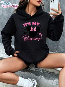 Disney Minnie Mouse It's My Birthday Polka Dot Bow Silhouette Star Hearts Cartoon Graphic Pullover Hoodie Women's Casual Daily Wear Long Sleeve Soft Comfortable Cute Birthday Party Outfit It Is A Gift For Fans And Friends, And It Is Also A Perfect Gift Choice For Lovers And Relatives. - màu đen - Xem 1