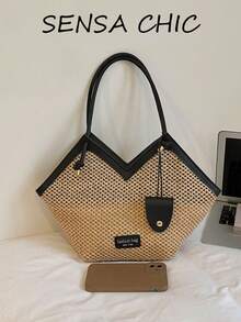 Tas Tote Bahu Ganda Kapasitas Besar dengan Desain Timbul Blok Warna Serbaguna Terbaru, Cocok untuk Perjalanan, Belanja, Berkomuter, dan Kerja, Dilengkapi Desain Dekorasi Syal, Dompet Wanita Elegan, Dompet untuk Berkomuter dan Bisnis - Hitam - View 7