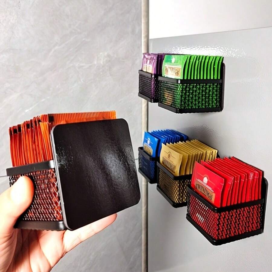 1pc Magnetic Tea Bag Holder, Metal Storage Organizer, Non-Food Contact Material, Kitchen Tea Bag, Coffee Capsule, Sauce Packet Storage Accessory - Black - View 1