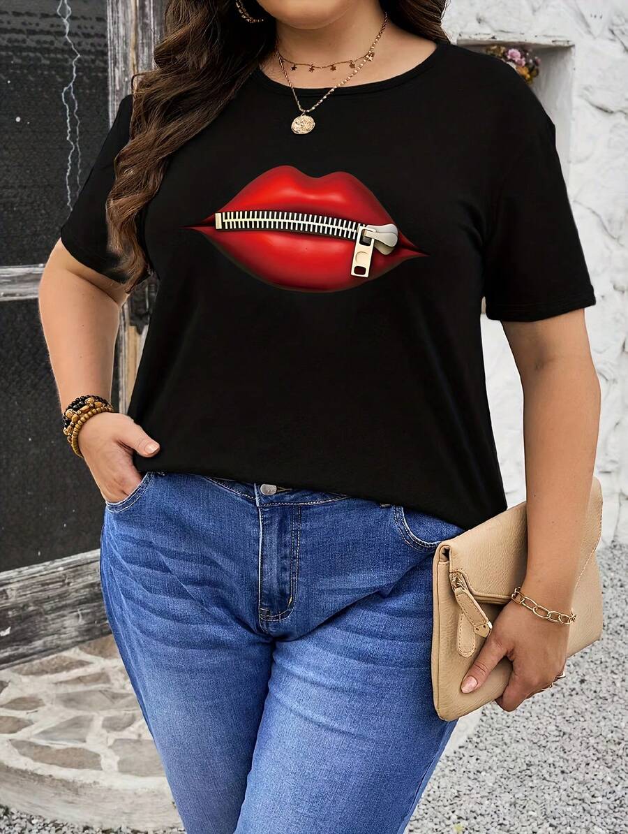 Plus Size - Plus Size - Women's Plus Size T-Shirt With Red Lips Print - Black - View 1