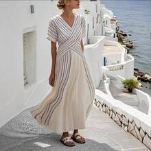 2026 Women's Loose-Fitting Simple Versatile Striped Printed Dress - 黑白條紋 - 查看 3