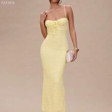 xuehuamaoyi02   Vestido maxi de mujer de verano de punto con tirantes de color amarillo sólido, vestido de mujer de verano, vestido de graduación, vestido de invitada de boda, vestido amarillo mantequilla, atuendo de rave y festival - Amarillo - Ver 2