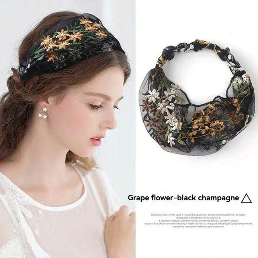 1pc/2pcs Lace Mesh Floral Wide Band Hair Tie, Breathable Face Wash Head Wrap, Simple Grey Hair Cover For Outings, Daily Hair Accessory For Makeup, Washing, Postpartum Hair Care, Multi-Use Headband, Bathroom Hair Accessory, Headscarf, Hair Band - Lace Mesh - View 1