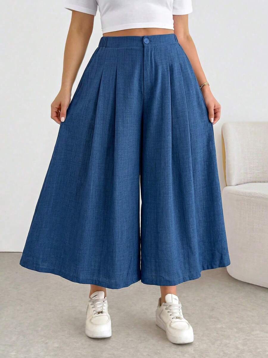 Comfortable And Loose-Fitting Elastic-Waist Pleated Shorts/Skirts, A Basic And Versatile Style For Everyday Wear, Flattering The Figure, In Apricot Color, For Plus-Size Women, For Spring/Summer - Blue 2 - View 1