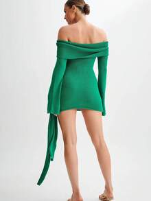 Semi-Sheer Fitted Off-The-Shoulder Knit Dress - 綠色 - 查看 6