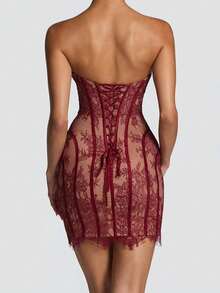 Dark Feminine Contrast Lace Corset Strapless Bodycon Mini Dress For Date Night & Club Parties - Rojo - Ver 2