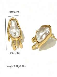 1 Pair Minimalist Abstract Design Faux Pearl Asymmetrical Stainless Steel Earrings Suitable For Daily Wear - Gold - View 7