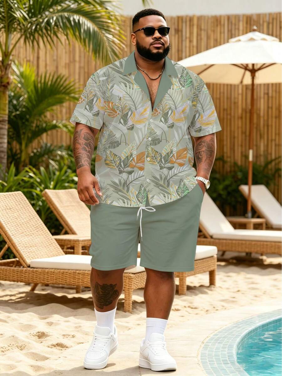 2pcs Plus Size Men's Vacation Style Hawaiian Set Shirt, Loose Casual Vacation Style 2 Pieces Set Sports Summer - Green - View 1