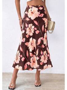[Free Shipping]Satin Skirts For Women  Spring Summer 2026 High Waisted Leopard Print Cocktail Wedding Long Silk Midi Skirt - 花卉棕粉色 - 查看 4
