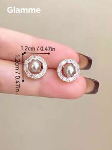 1 par de pendientes de botón de perla y circonita color oro champán para mujer, pendientes de lujo para ir al trabajo, sencillos y versátiles, para uso diario y fiestas de noche - Café - Ver 7