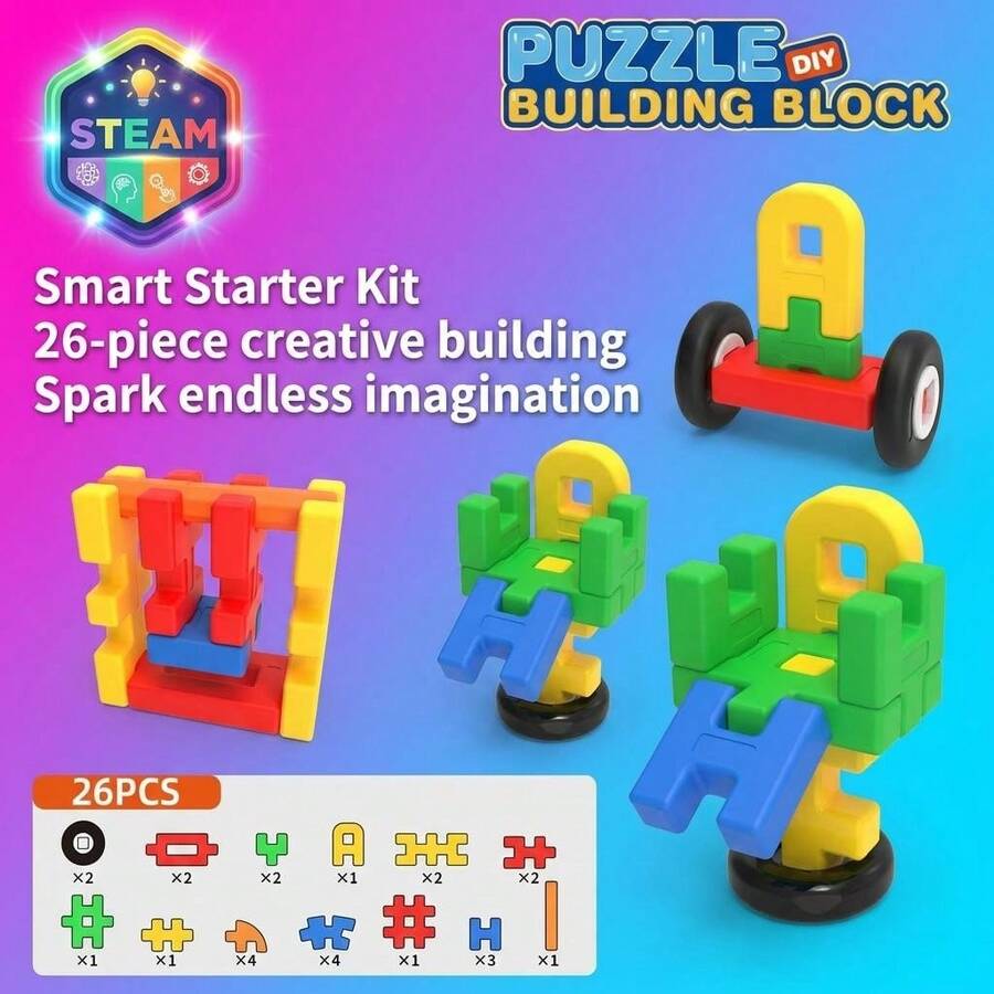 26-40pcs Building Block Educational Toy Set With Connectors And Tires, Creative Back To School Party Gift For Kids, Random Colors And Shapes - Educational Interlocking Building Blocks (26 Pieces) - View 1