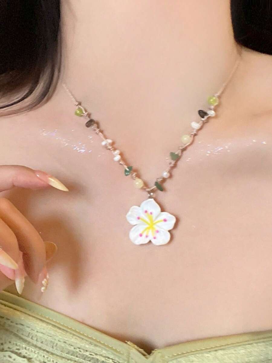 Colorful Braided Rope Cherry Blossom Flower Pendant Necklace, Handmade With Crushed Stone Beads Collarbone Chain - White - View 1