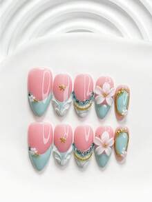 10pcs Jewelry Style Embossed Handmade Press-On Nails Set, Five-Petal Flower Design, Green Nail Polish, Elegant Style, Includes Nail Tools, 3 Sizes Available, Square/Short Square/Almond Shape, Suitable For Party, Dancing, Daily Wear - Multicolor - View 15
