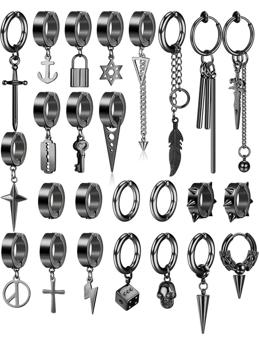 Milacolato 25 Pcs Clip On Earrings For Men Stainless Steel Cross Chain Dangle Earrings Black Fake Earrings For Men Women Non Pierced Huggie Hoop Earrings Set - 彩色 - 查看 1