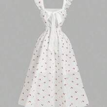 jianchaimaoyi02  MOD Vestido con espalda abierta, mangas con volantes, bordado con diseño de cerezas blancas y rojas, falda acampanada con pliegues y lazo - Estilo lindo, para citas, fiestas, uso en verano y primavera, vacaciones, picnics, festivales, cumpleaños - Blanco - Ver 7
