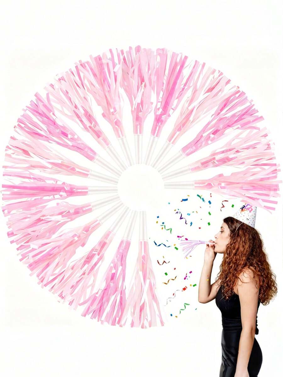 12pcs Party Blow Horns With Paper Streamers, Sequin Metallic Tassel Whistles And Streamers, Suitable For Birthday Party Gifts, Graduation Ceremony, New Year Accessories, Sports Events, Mermaid Theme Supplies - Pink - View 1