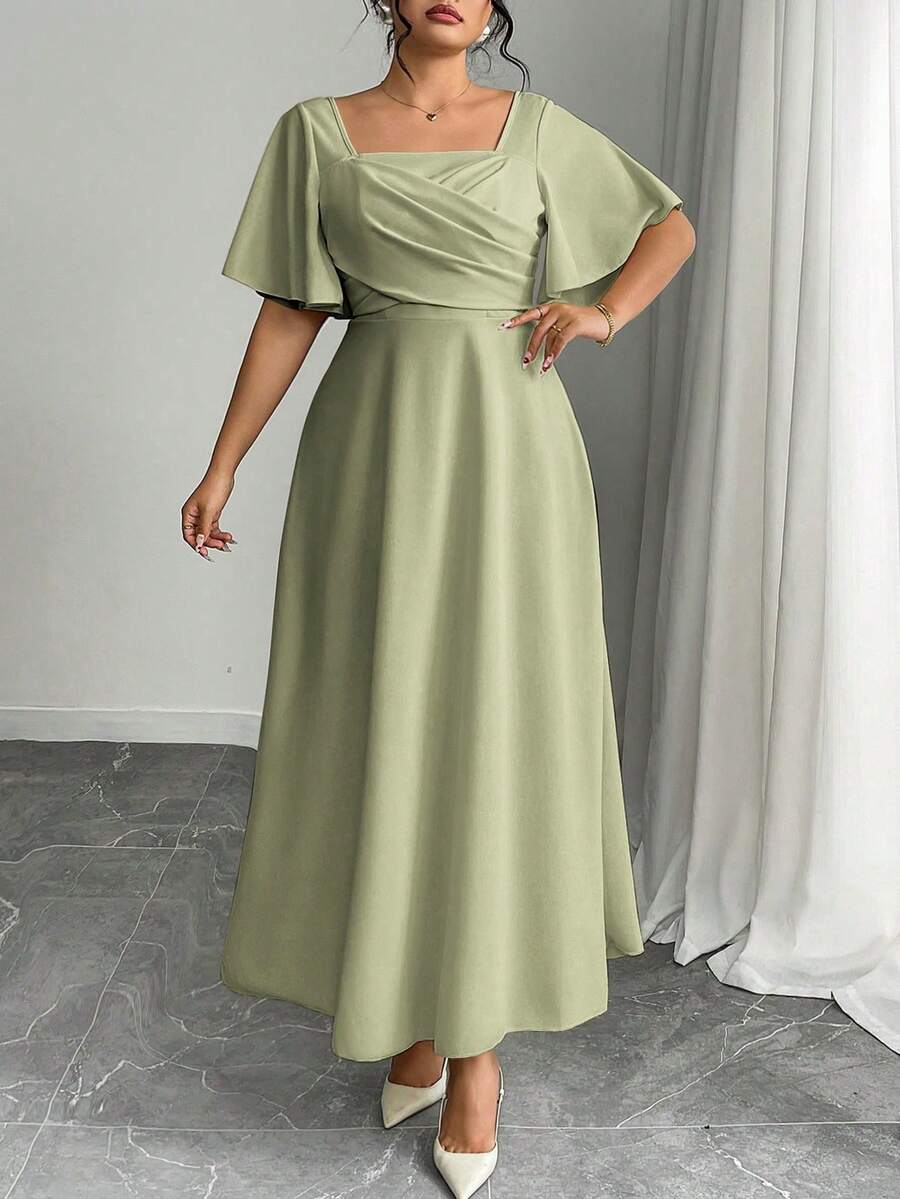 Vestido de línea A de manga corta con cintura ceñida en talla de punto rojo - Verde - Ver 1