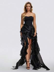 Women's Sexy Black Strapless Backless Layered Asymmetrical Ruffle Ribbon Party Evening Gown Wedding - Black - View 7