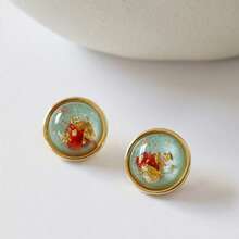 1 Pair Vintage Elegant Real Flower Gold Foil Jelly Glass Earrings, Suitable For Daily Wear, Gift - Light Blue Vintage Real Flower Stud Earrings - View 6