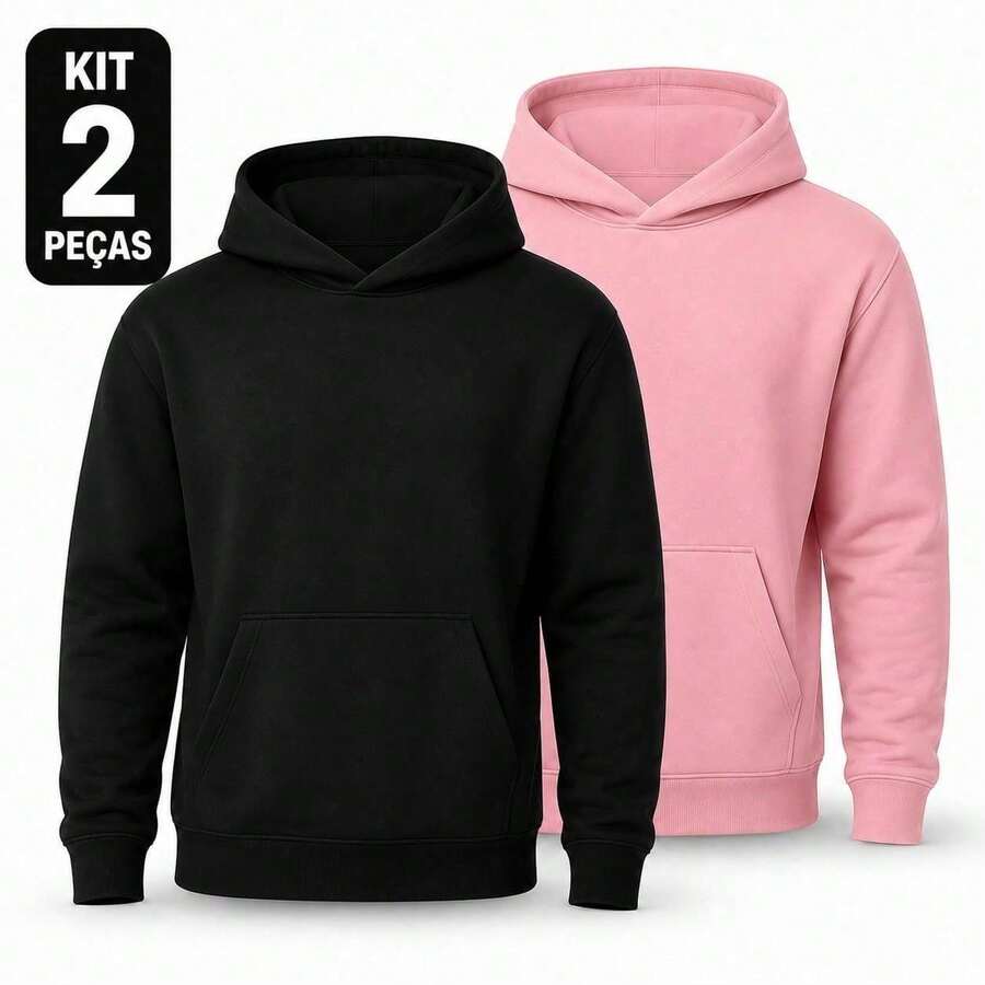 Set Of 2 Plain Kangaroo Jackets, Unisex, Comfortable Basic Winter Warmth - Black + Pink - View 1