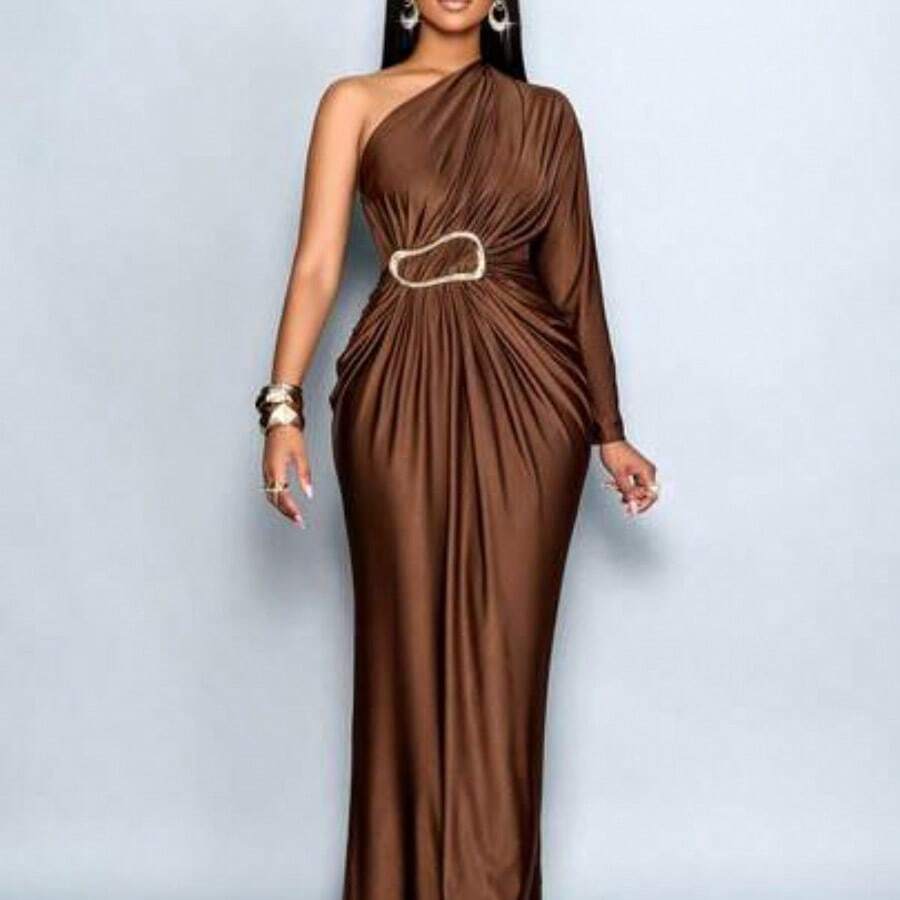 jianchaimaoyi02  Vestido ajustado de manga larga con cuello asimétrico y decoración metálica para mujer, vestido maxi para mujer para vacaciones, bodas, graduaciones, bailes de graduación, fiestas navideñas, citas de San Valentín y talla grande - Café integral - Ver 1