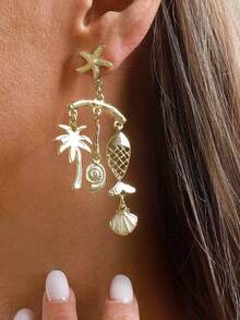 2pcs High Quality Conch Starfish Fish Shell Coconut Tree Bohemian Style Multicolor Metal Women Earrings, Suitable For Daily Commute, Party, Beach Vacation - Multicolor - View 4