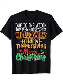 1pc Funny "Due To Inflation This Is My Halloween Thanksgiving Christmas" T-Shirt - Black With Multicolor Holiday Quotes & Stars Graphic Print, Comfortable Casual Fit Short Sleeve Round Neck Tee For Men & Women, All-Season Wear - 黑色 - 查看 1