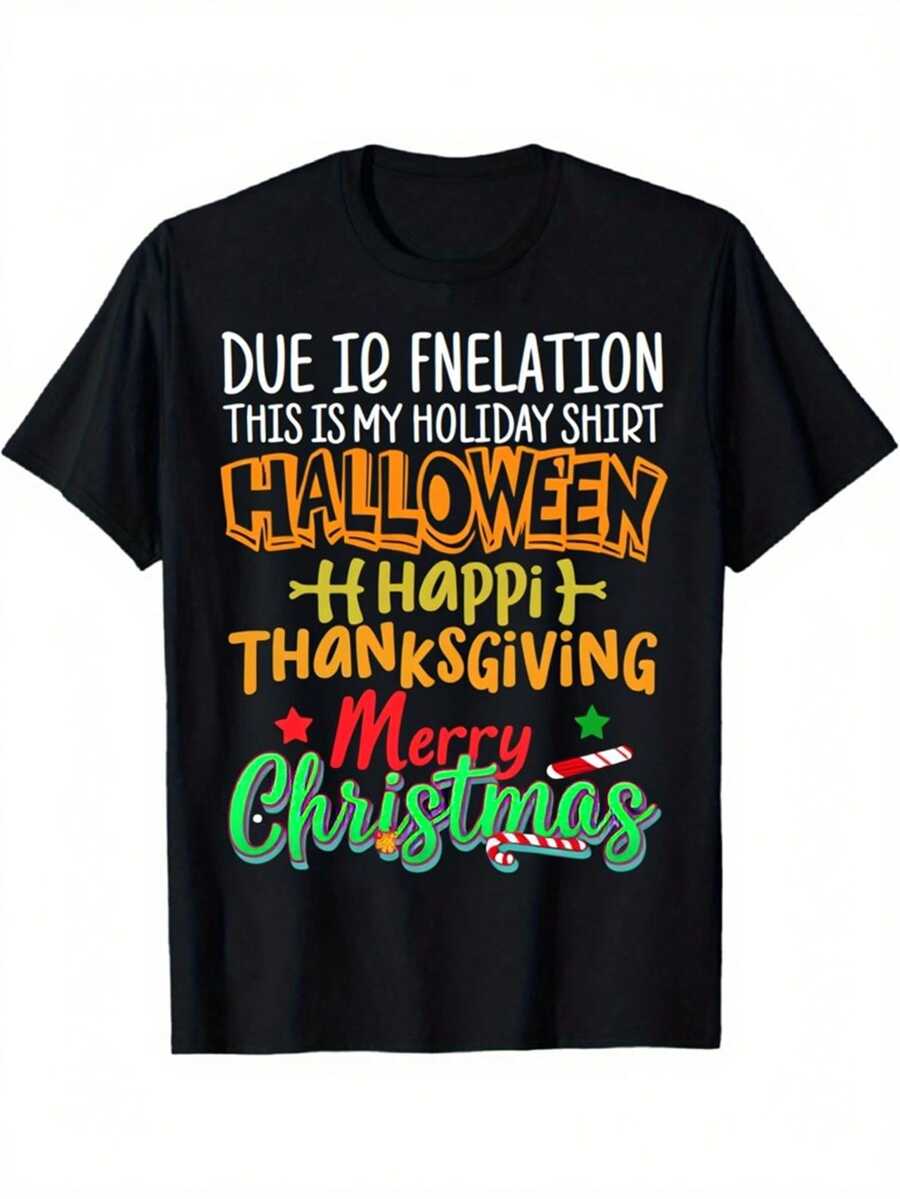 1pc Funny "Due To Inflation This Is My Halloween Thanksgiving Christmas" T-Shirt - Black With Multicolor Holiday Quotes & Stars Graphic Print, Comfortable Casual Fit Short Sleeve Round Neck Tee For Men & Women, All-Season Wear - 黑色 - 查看 1
