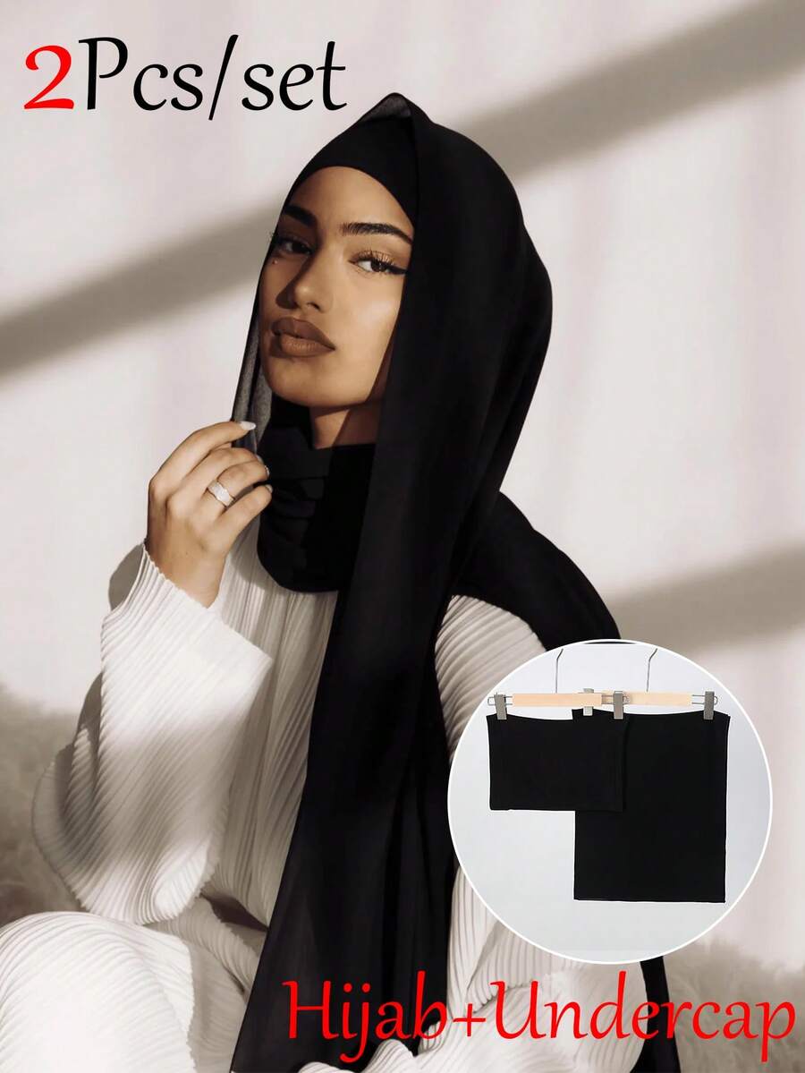 2PCS/Set Women's Solid Color Chiffon Hijab With Matching Tube Cap, Comfortable Breathable Chiffon Headscarf And Premium Jersey Inner Cap, Muslim Daily Wear, Suitable For Work Commute, Outings, Gatherings, Dinner, Prayer, All Seasons