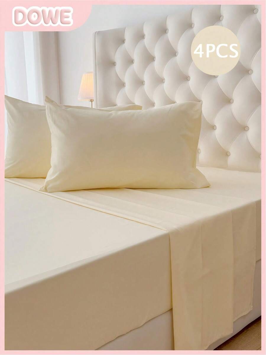 4pcs/Set, 100% Polyester, Solid Color, 35cm Deep Pocket Fitted Sheet, Bedding Set (2 Pillowcases + 1 Flat Sheet + 1 Fitted Sheet), All-Season Modern Bedding Set, Minimalist Style, Soft And Comfortable, Breathable - Goose Yellow - View 1