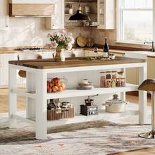 FINMIND Solid Wood Kitchen Island With Storage, 63-Inch Farmhouse Bar Table With Stools Space, Counter Height Dining Island For Kitchen Or Dining Room, Easy Assembly - 棕色和白色 - 查看 1