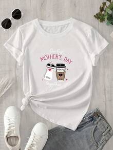 Camiseta de manga corta y cuello redondo para mujer con un estampado de una taza de café que dice "Día de la Madre", adecuada para todas las estaciones. - Blanco - Ver 1