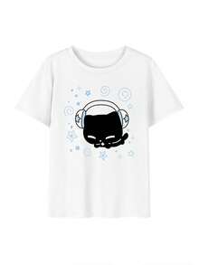 Y2K甜美風音樂貓咪印花白色T恤，柔軟可愛學院風女款寬鬆短袖上衣，休閒夏季款 - 白色 - 查看 6