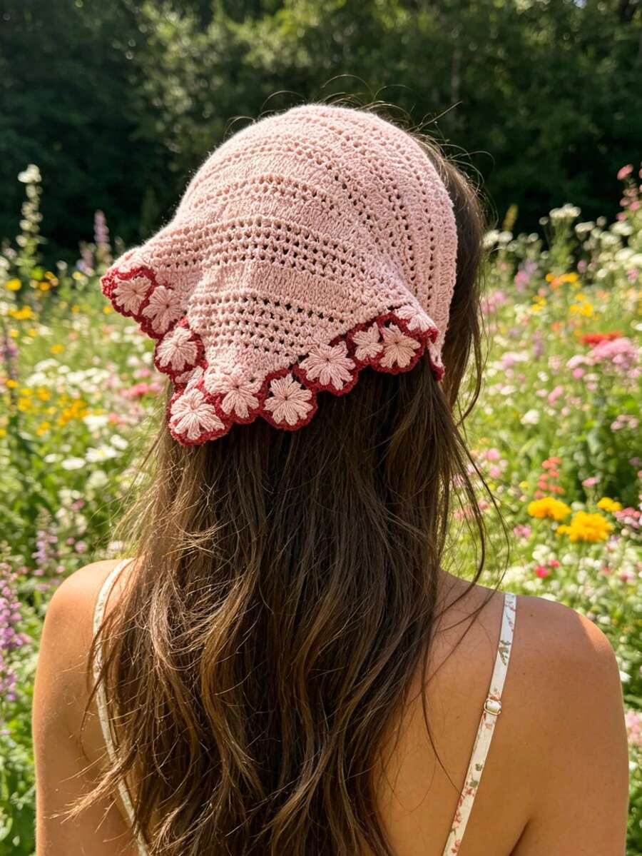 1件夏季針織花卉刺繡三角頭巾女款,髮巾,日常旅行度假防曬,清新風格髮飾 - 粉色 - 查看 1