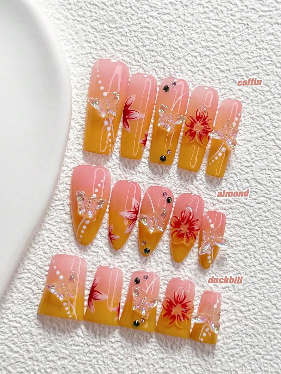 10片手工穿戴式美甲貼，Polygel美甲套組，幻彩蝴蝶與祖母綠圓形水鑽，黃紅白配色，極簡風，含美甲工具，3種尺寸可選，杏仁/鴨嘴/棺材形，適合派對、跳舞、日常配戴 - 彩色 - 查看 1