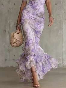 Elegant French Retro Style Chiffon Fishtail Dress For Vacation - 紫色 - 查看 3