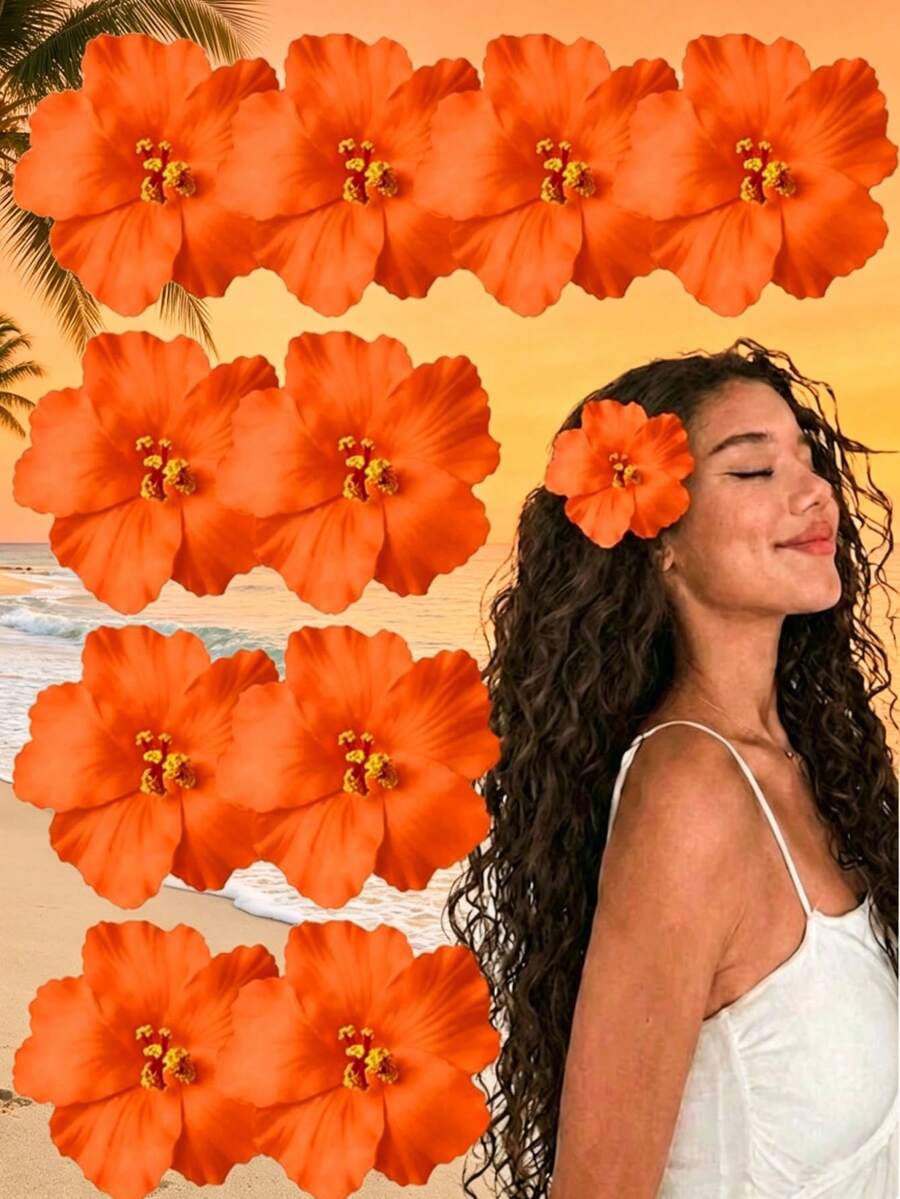 10Pcs Bright Orange Hibiscus Flower Hair Clips, Tropical Hawaiian Boho Beach Vacation Hair Accessories For Women Bridesmaids Suitable For Any Hairstyles, Ideal For Beach Trips, Hawaiian Parties, Tropical Vacations, Weddings,Bachelorette Parties, Birthdays, Music Festivals, Summer Daily Wear, And Any Special Occasions Summer Gift For Women,Claw Clips - Orange - View 1