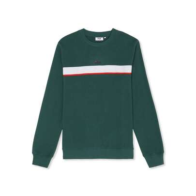 FILA Men's Crew Neck Sweatshirt, Sagano Regular Taped Crewneck Sweatshirt, French Fleece Cotton And Polyester, Regular Fit, Printed Logo And Tape Detail, White, Green And Black