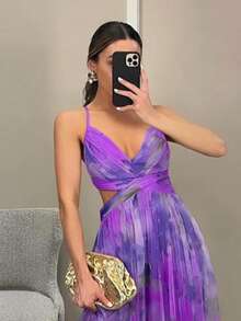 Lightweight Printed Tulle Strappy Dress For Spring And Summer - 紫色 - 查看 2