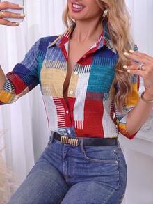 Camisa casual retro de manga larga con bloques de color, estampado de botones y frente de cuadros con botones, para vacaciones - Multicolor - Ver 4