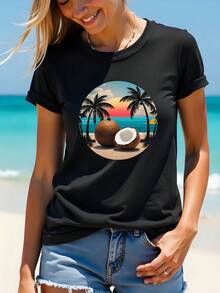 Women's 180g Black T-Shirt With Tropical Coconut And Beach Print, 100% Cotton, Summer Design, Round Neck, Short Sleeve, Casual Style, Ideal For Summer And Holiday Days. - 黑色 - 查看 1