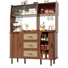 High-Quality Sideboard With Rattan Look And Glass Sliding Doors, 174.5cm High Kitchen Cabinet With Storage Space, Natural Wood/Walnut Look, Load Capacity Up To 60kg - Walnut - 查看 7